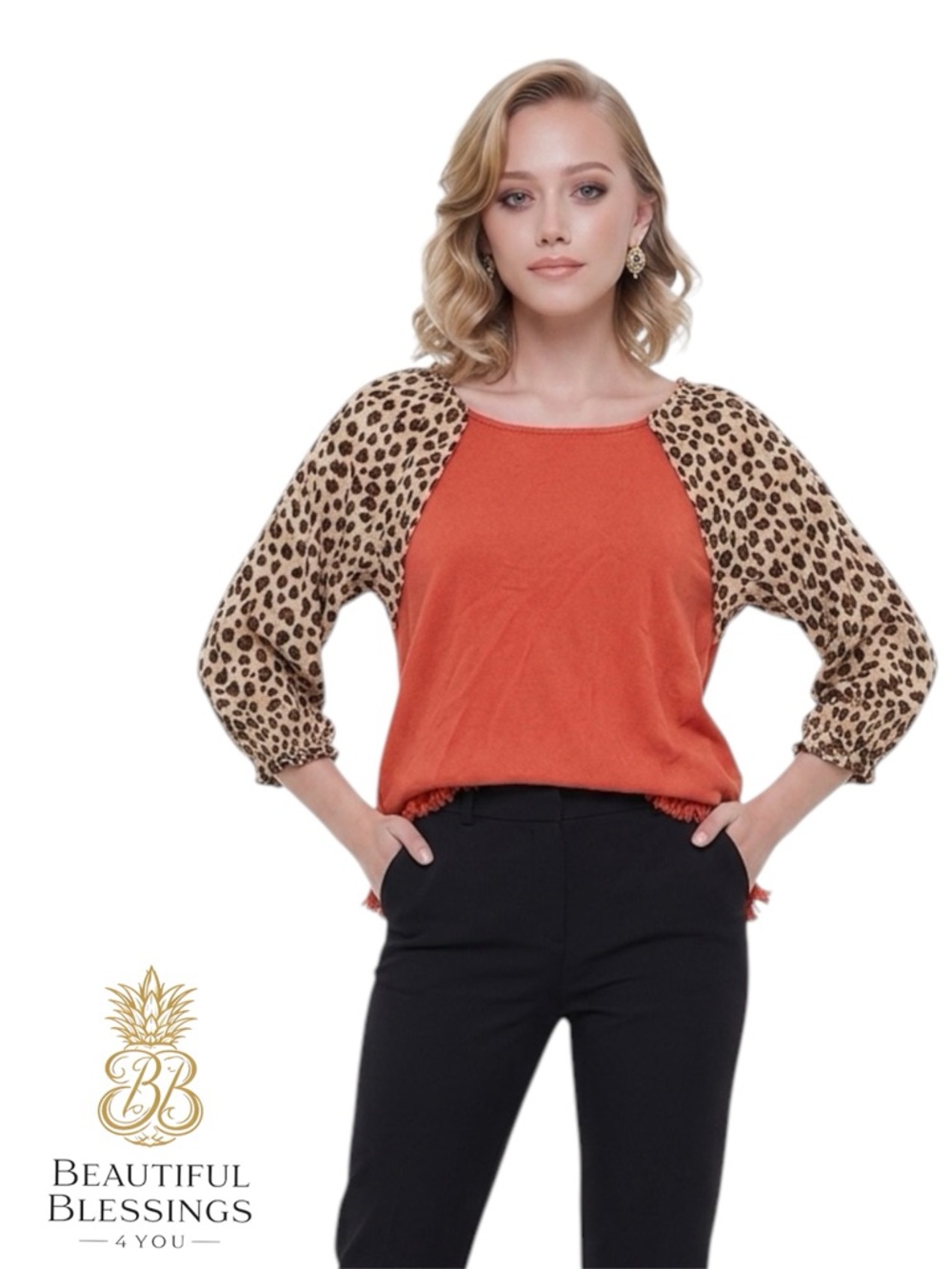 Umgee Boho Terracota Tunic with Accent Leopard Sleeves  Linen Cotton Blend Small